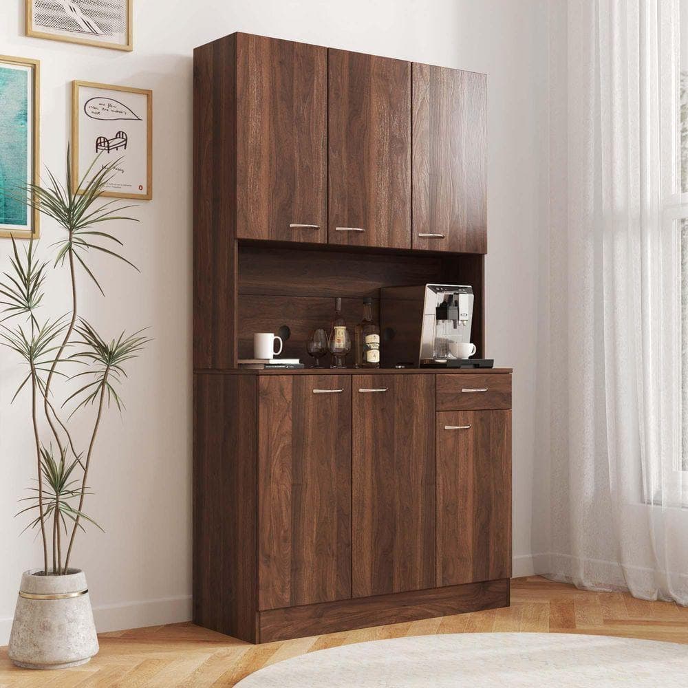 XUJMK 39 in. W x 15 in. D x 71 in. H Brown Linen Cabinet, Tall Wardrobe, Kitchen Cabinet with 6-Doors, 1 Shelves, 1-Drawer (3)