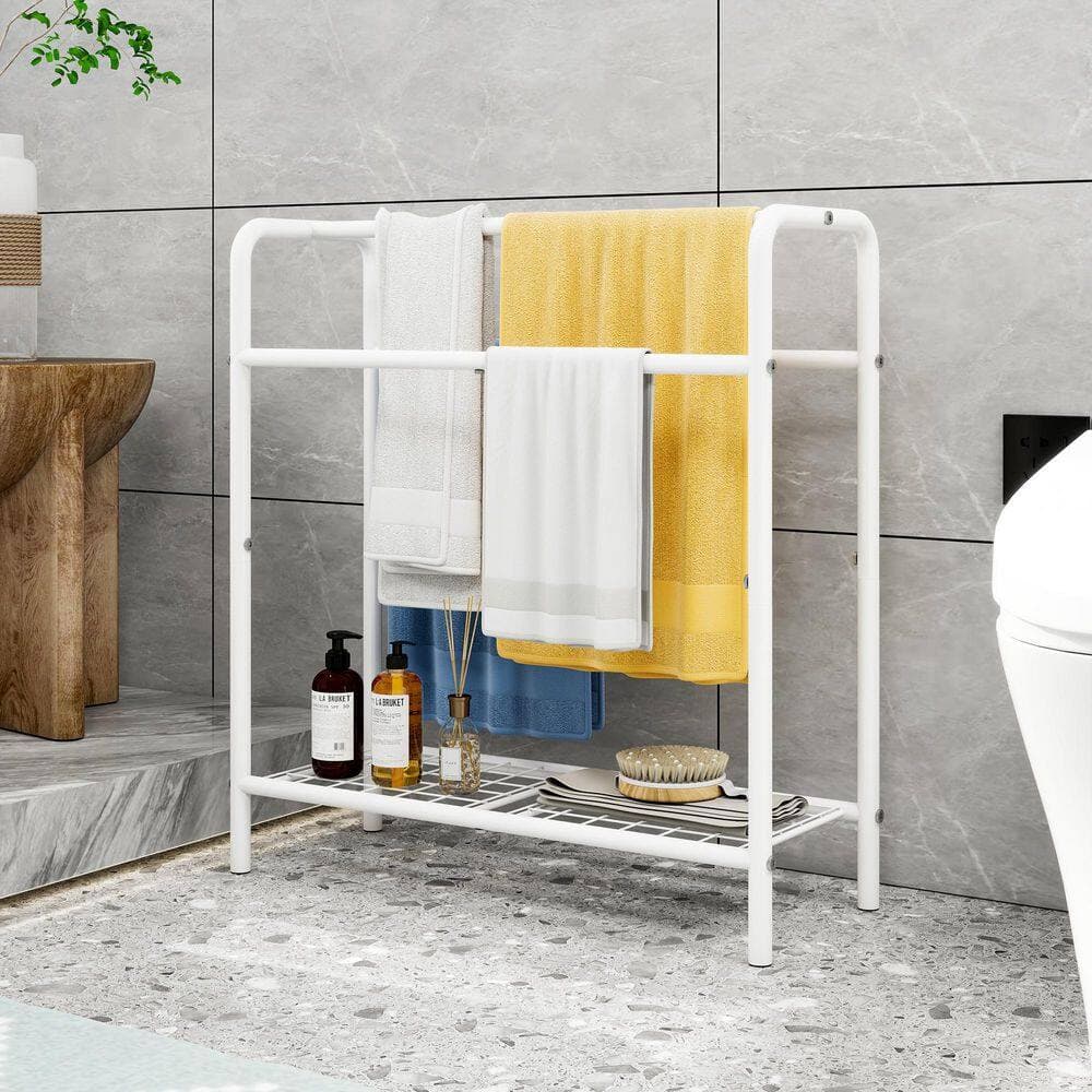 BEARSOLIM 3 Tier Metal Towel Rack Freestanding Towel Holder for Bathroom Display Rack for Bedroom Bathroom Swimming Pool White (2)