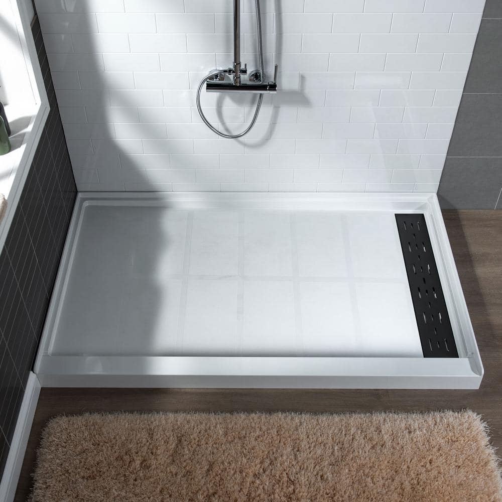 WOODBRIDGE Krasik 60 in. L 30 in. W Alcove Solid Surface Shower Pan Base with Drain White with Brushed Gold Cover (1)