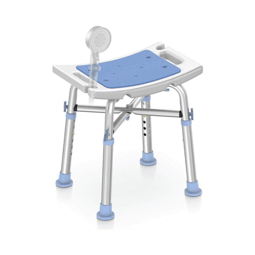 JFVKAF 17.3 in. W Heavy Duty Adjustable Anti-Slip Aluminum Shower Stool in White and Blue w/ Chair Padded Seat,500 lb. Capacity