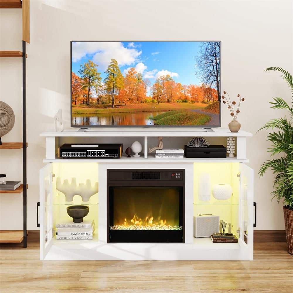 Costway 48 in. Freestanding Wooden Smart Electric Fireplace TV Stand in White