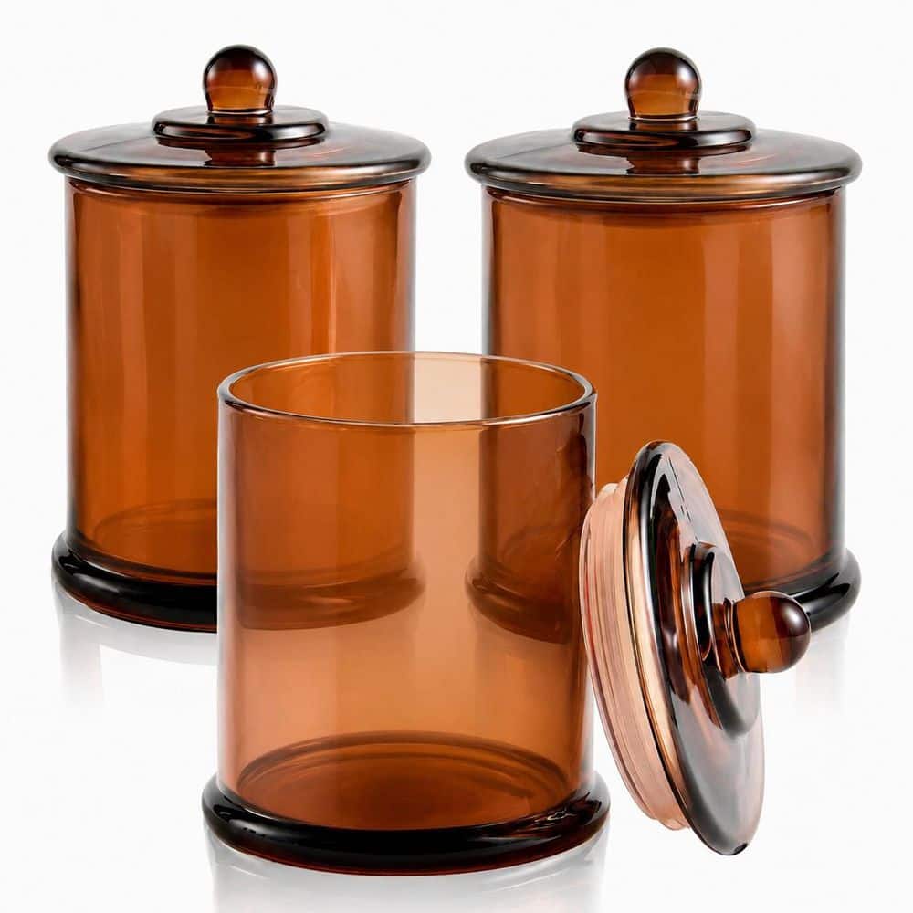 KHKFY 3-Pack Amber Glass Qtip Holder Dispenser with Airtight Lids 16 oz. Vanity Organizer Canisters for Cotton