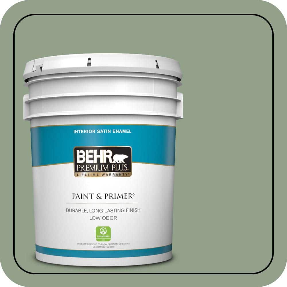 BEHR PREMIUM PLUS 5 gal. #440F-4 Athenian Green Satin Enamel Low Odor Interior Paint & Primer