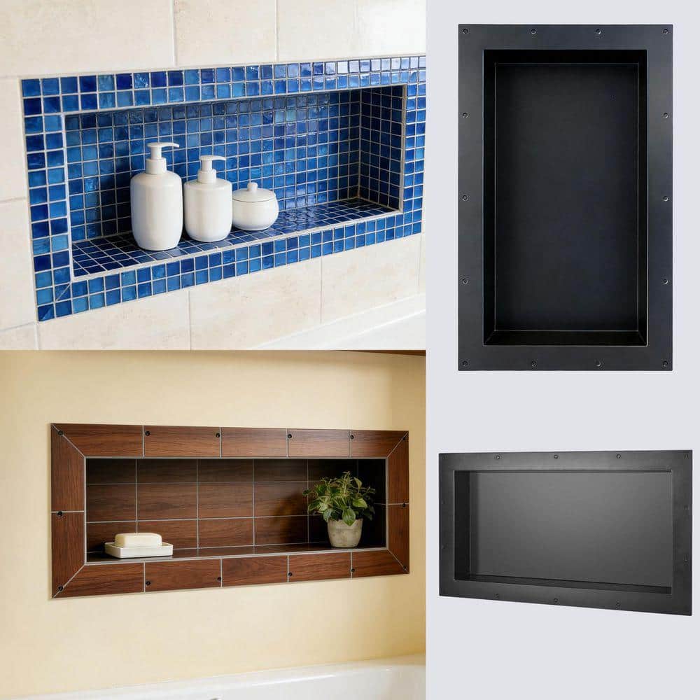 SEEUTEK 28 in. W x 16 in. H x 3.8 in. D Recessed Shower Wall Niche, Waterproof ABS, Tile-Ready Storage Solution in Black