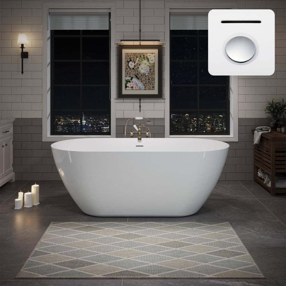 YSQCAR 60 in. x 28.75 in. Solid Surface Freestanding Soaking Bathtub with Center Drain in White, cUPC certified (2)