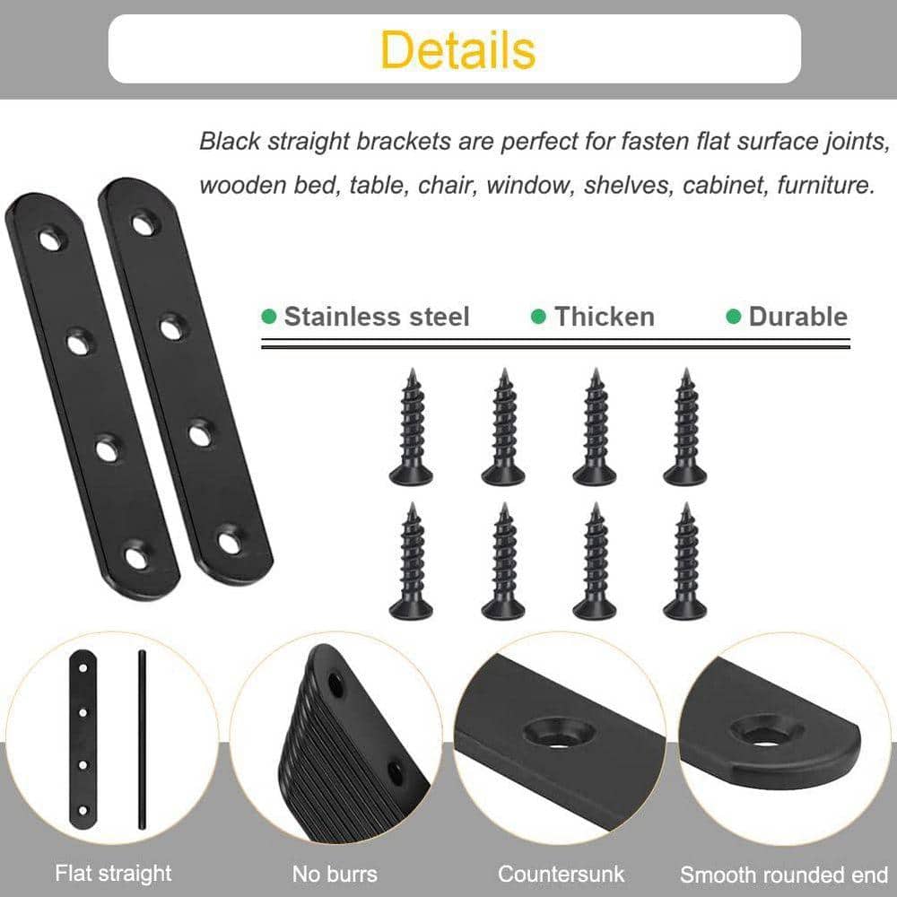 KIWDZFU 3. 8x0. 8 304-Stainless Steel Flat Mending Plates Heavy Duty Black Straight Brace Brackets for Wood Furniture 8-Pack (3)