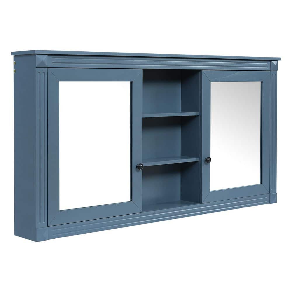 Unbranded 55 in. W x 28.70 in. H Blue Rectangular Wood Wall-Mount 2-in-1 Medicine Cabinet with Mirror with Adjustable Shelves