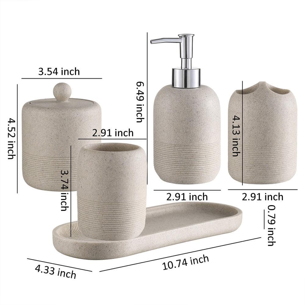Adrinfly Beige Bathroom Accessory Set 5-Piece Ensemble with Lotion Dispenser, Toothbrush Holder, Cotton Jar, Tray, Tumbler Cup (2)