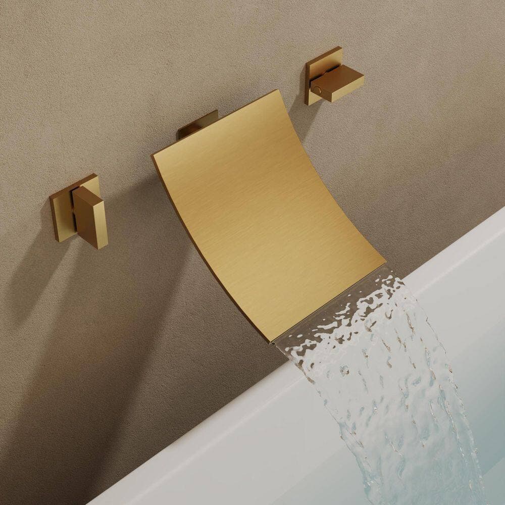 GRANDJOY Wide Waterfall Double Handle 6 in. Wall-Mounted 1-Spray Roman Tub Faucet Shower 6.6 GPM in Brushed Gold Valve Included (1)