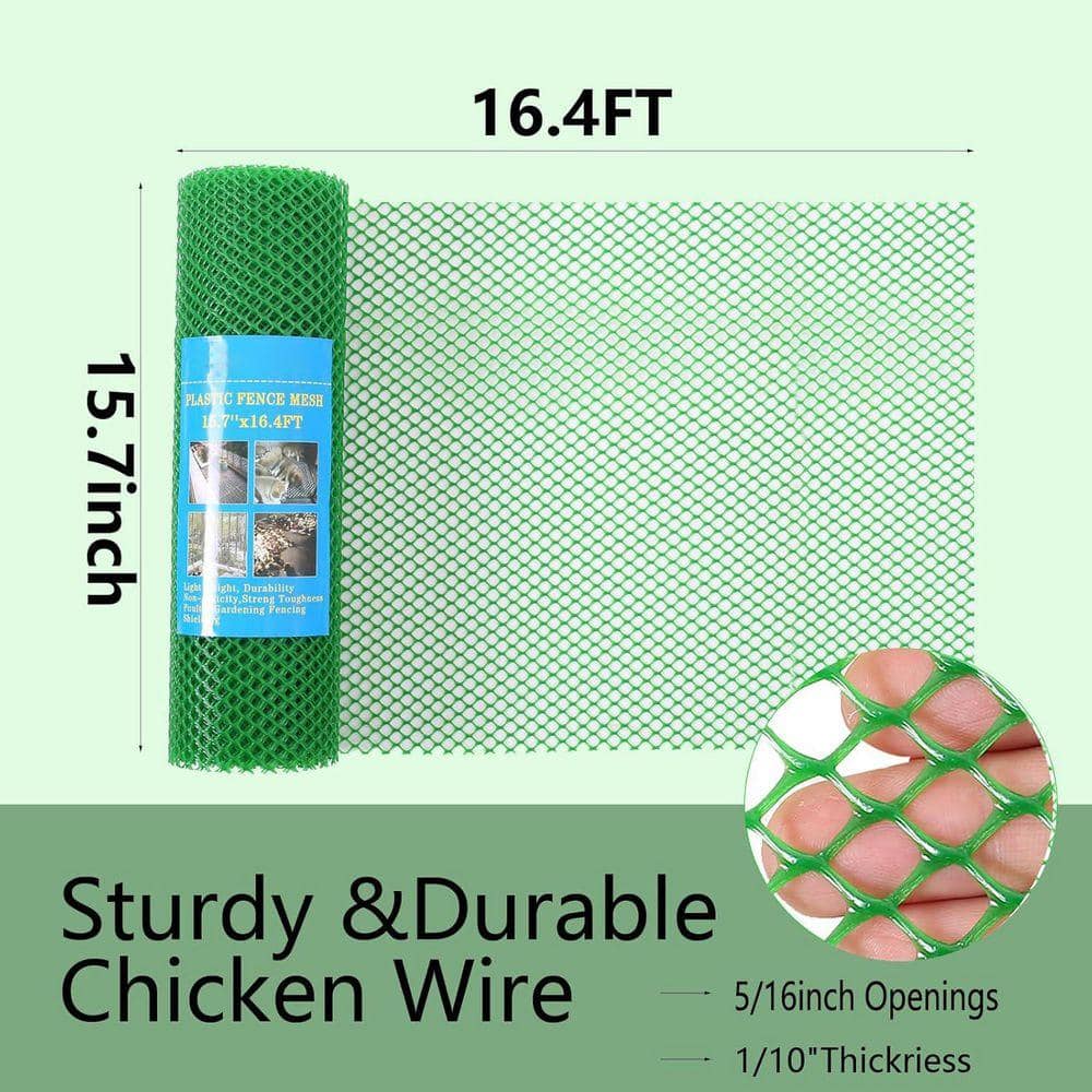 KIWDZFU 15.7 in. x 16.4 ft. Durable Green Plastic Wire Mesh Fence Roll Ideal for Poultry Rabbit Barrier Gardening (3)