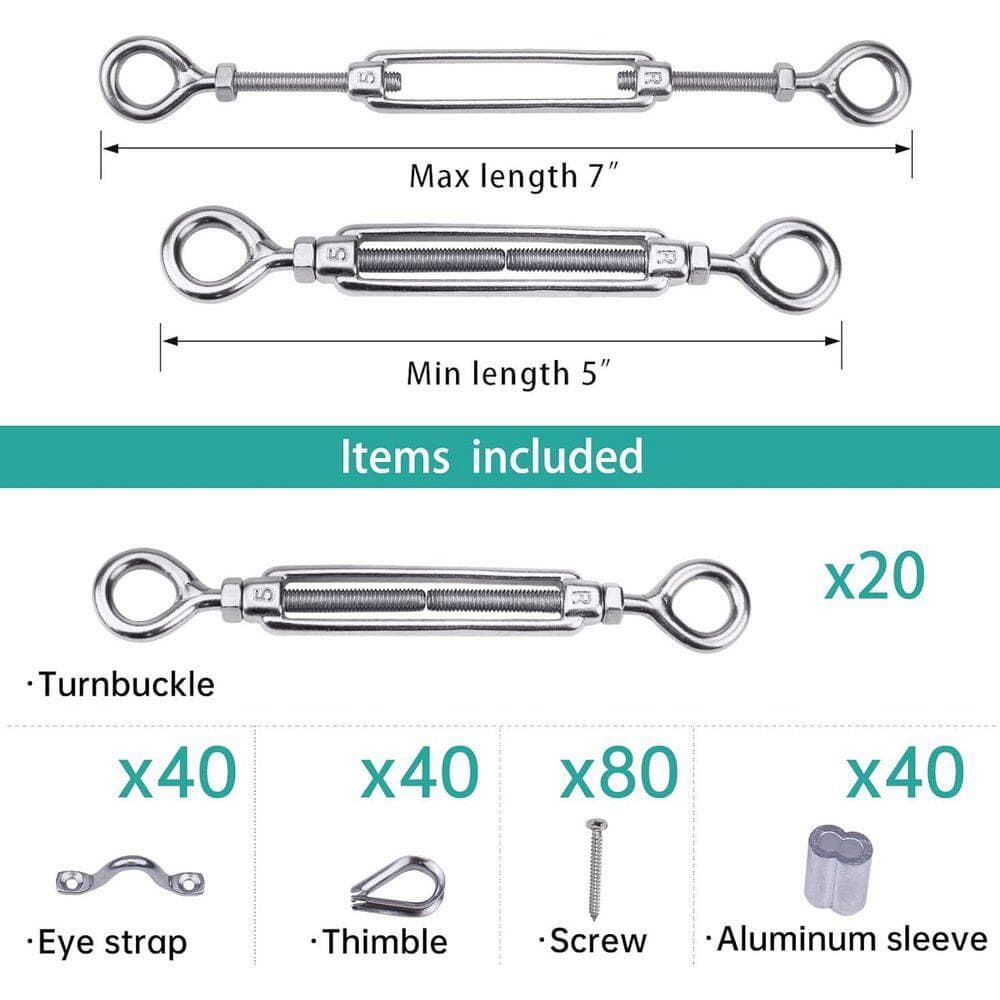 KIWDZFU 7 in. H x 0.13 in. W Silver Metal Stair Railing Kit, 20 Pairs Adjustable Turnbuckle for Decks (20-Pair) (2)