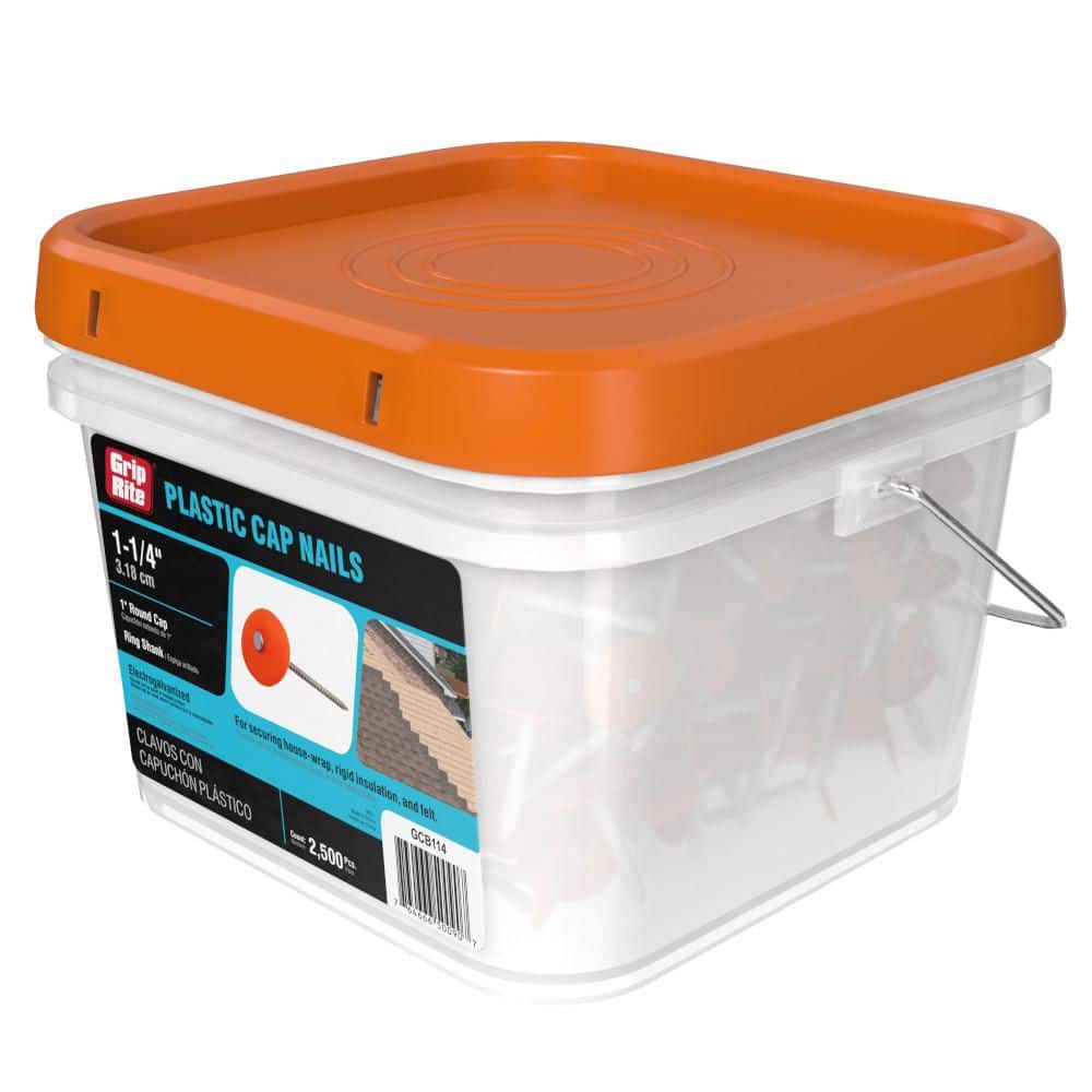 Grip-Rite 1-1/4 in. 12-Gauge Electrogalvanized Ring Shank Plastic Cap Roofing Nails 2,500 per Box (3)