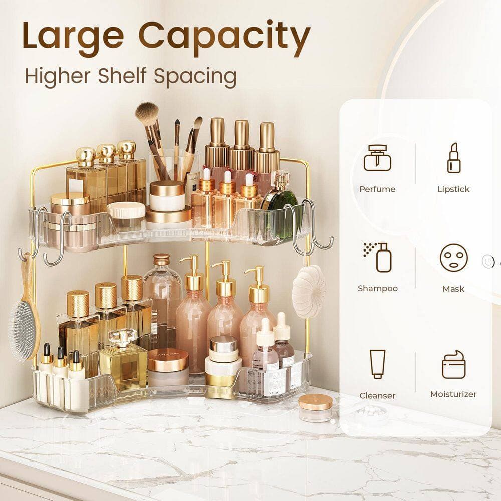 KHKFY 2-Tier Corner Bathroom Counter Organizer with Hooks 13.6 x 11.6 in. Vanity Storage for Skincare and Makeup (3)