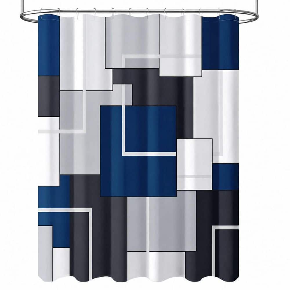 Anqtovp 72 in. W x 72 in. L Polyester Shower Curtain in Navy Blue, Black, White, Gray Geometric Water Repellent Set
