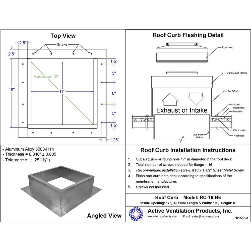 Active Ventilation Box is 19 in. Wide x 19 in. Long x 6 in. High Aluminum Roof Curb (2)
