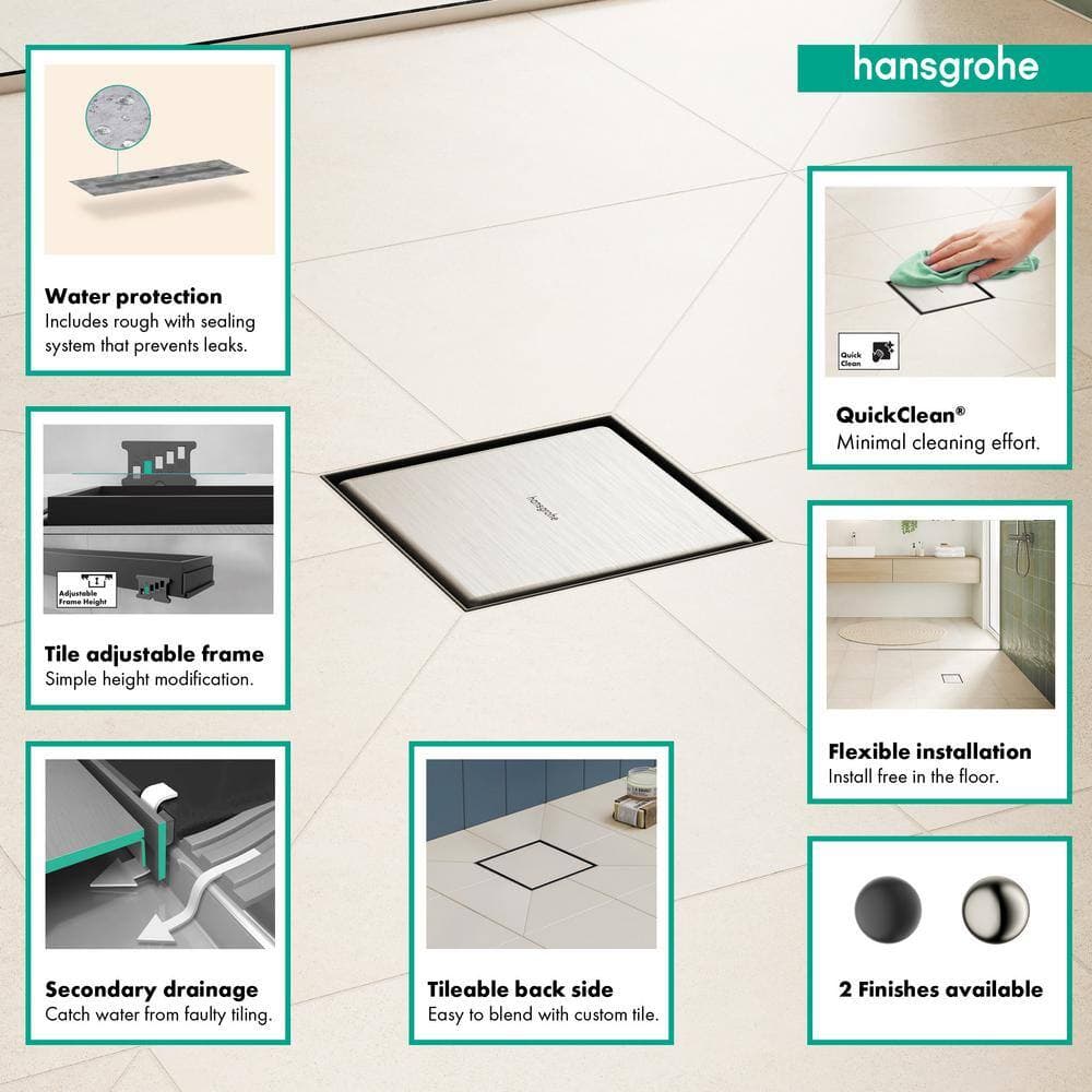 Hansgrohe RainDrain Brilliance Stainless Steel Square Shower Drain Set w/ Rough in Brushed Stainless Steel (3)