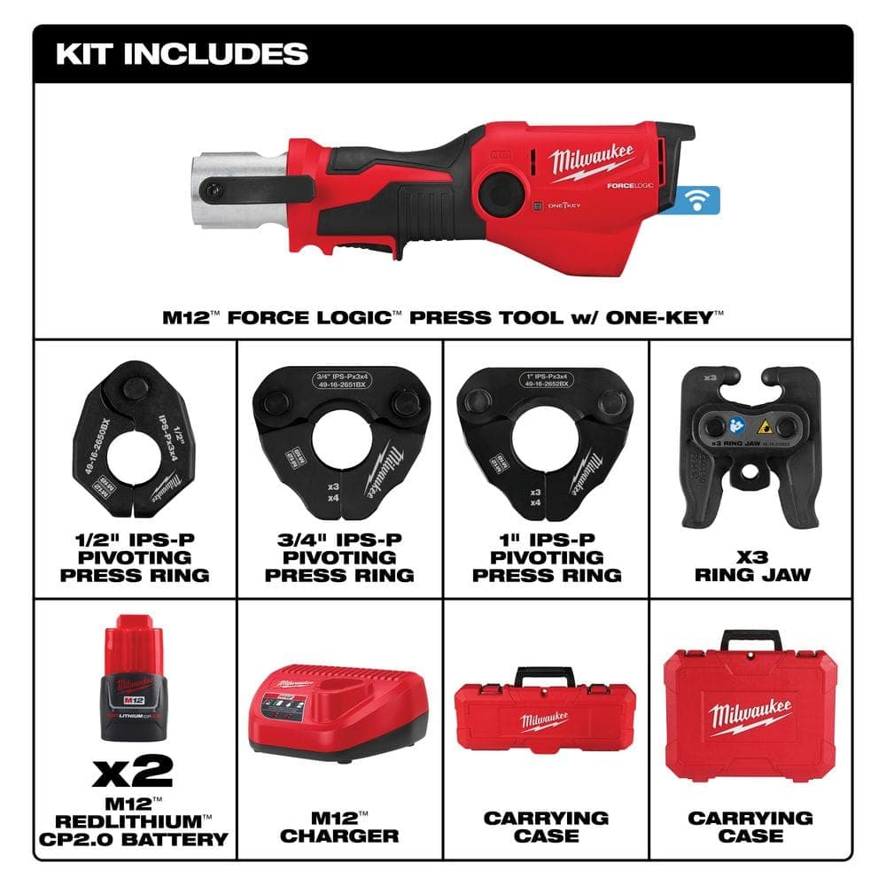 Milwaukee M12 12-Volt Lithium-Ion FORCE LOGIC Press Tool with ONE-KEY and 1/2 in. - 1 in. ISP-P Pivoting Press Ring Kit (2)
