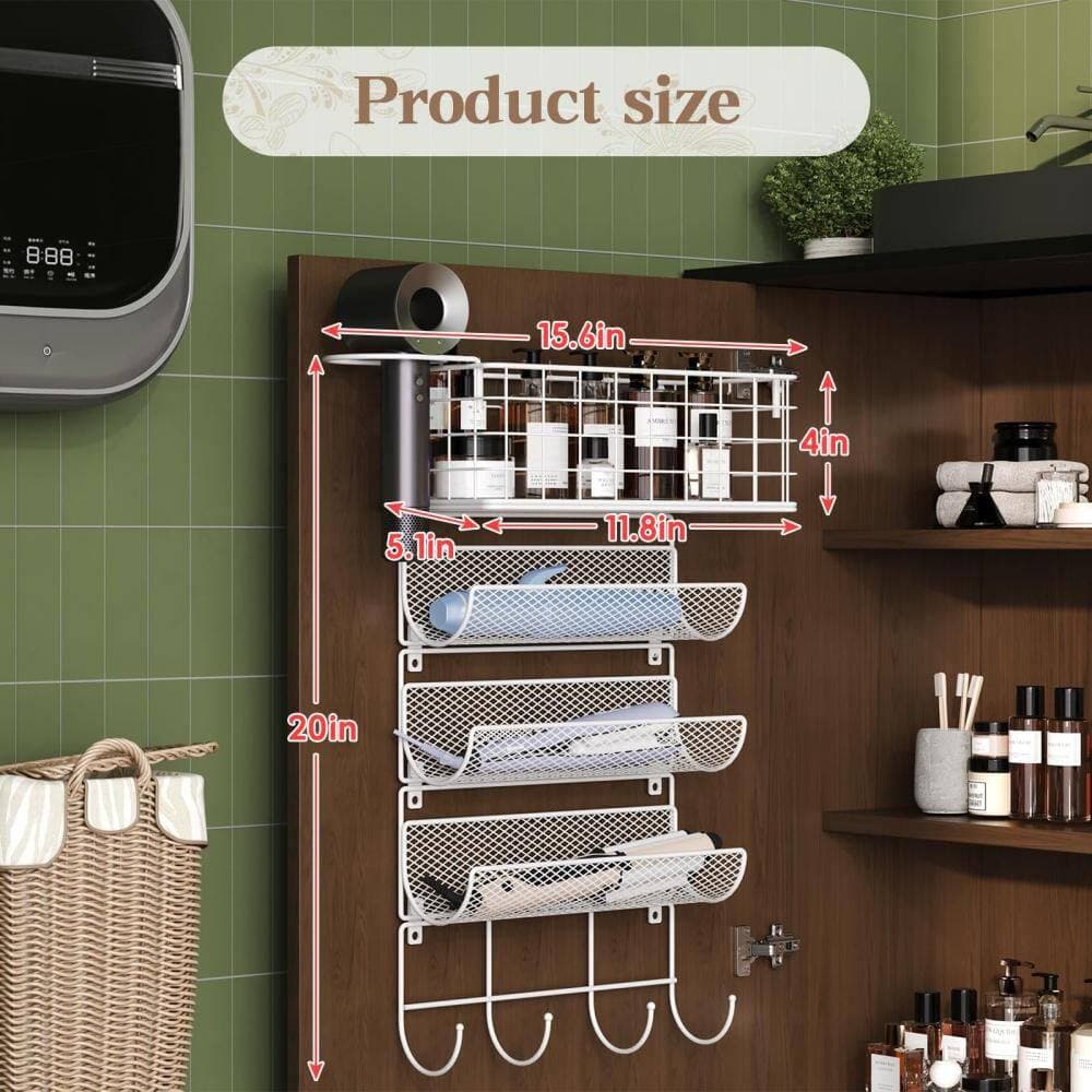 Numhew 4-Shelf Wall-Mounted Hair Dryer Holder with Hooks for Hair-Straighteners, Curling Wands, Perfume, Heat Safe, White (2)
