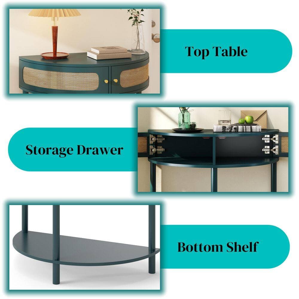 Lycvki 31.88 in. W 32.30 in. H x 15.75 in. D Wood Half Round Shelf in Antique Green with Sliding Rattan Door (3)