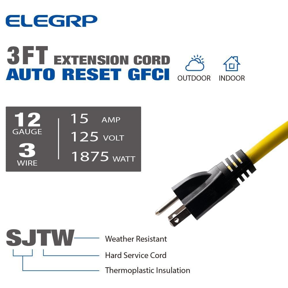 ELEGRP 3 ft. 15 Amp In-Line Self-Test Automatic Reset Portable GFCI Plug with 3-Outlet Cord, Yellow (3)