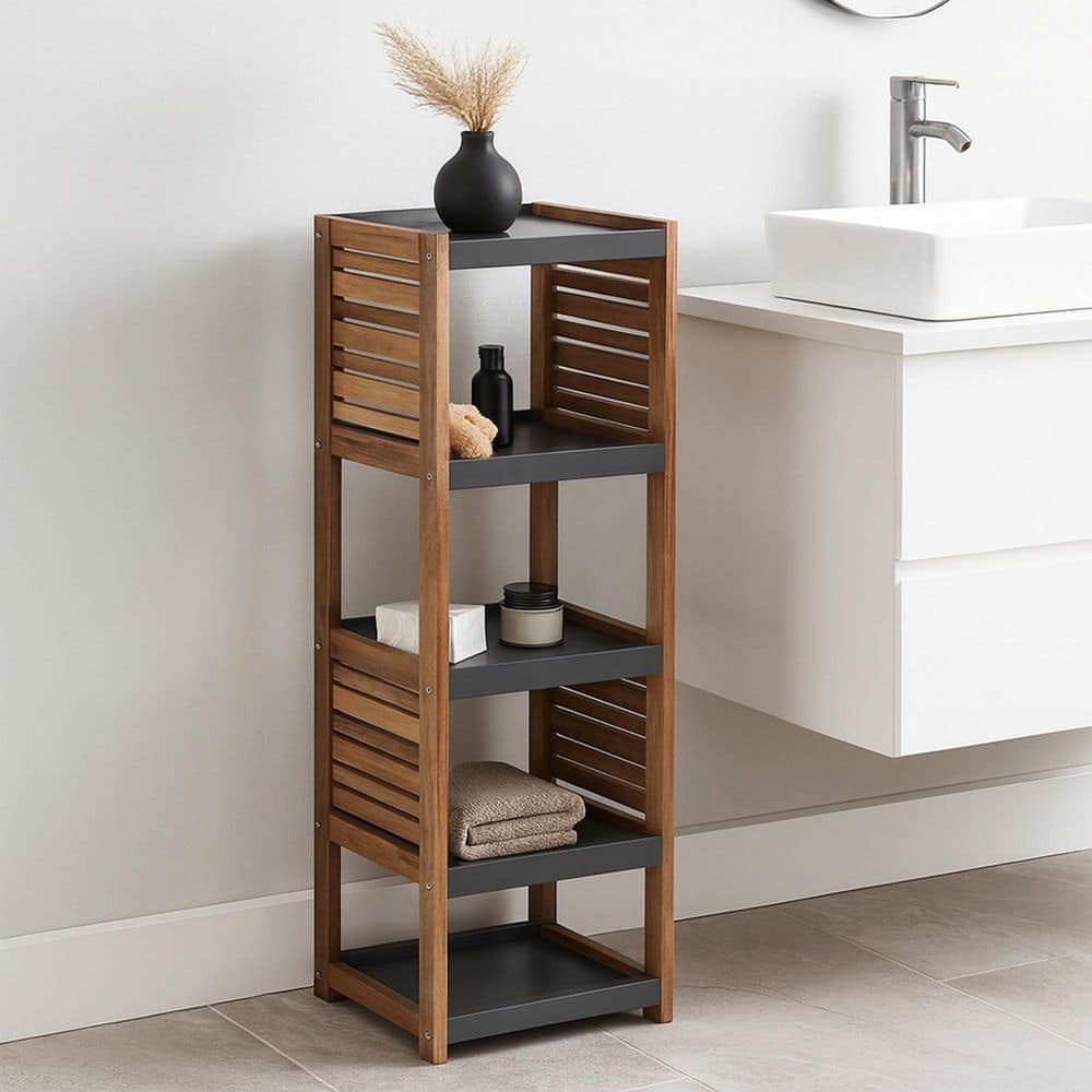 EVIDECO French home goods Elements 14.5 in. W x 11.12 in. D x 42.12 in. H Gray Freestanding Linen Cabinet 5 Tiers in Acacia-Grey (1)