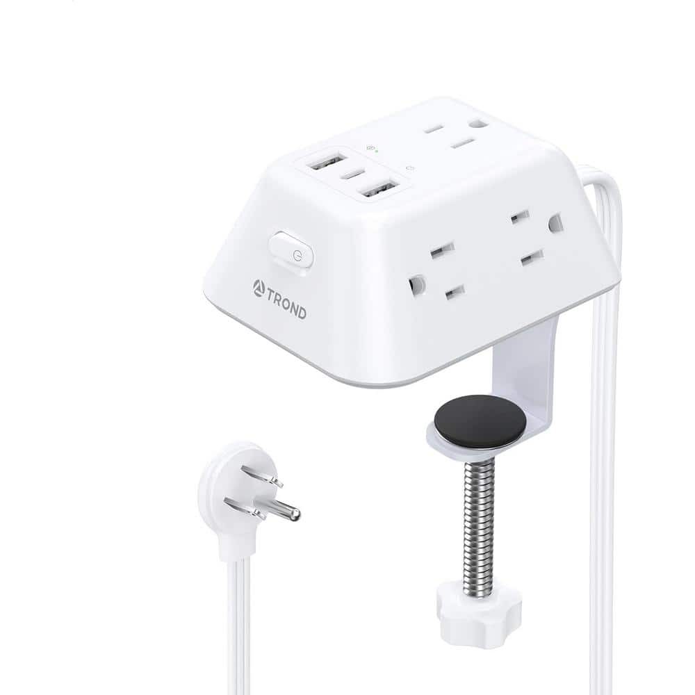 Ahfiwaso 5-Outlet Desk Clamp Power Strip Surge Protector with 3-USB Ports and 6 ft. Cord 2.5 in. Tabletop Edge Thick in White (1)