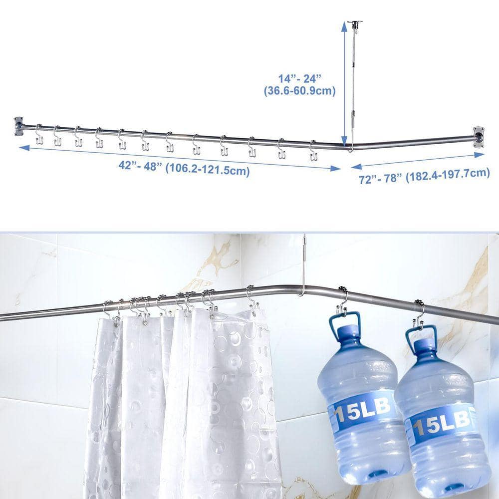 IVIGA 42" W X 78"L Adjustable Bathroom Shower Curtain Rod Stainless Steel L-Shaped Rod w/Hooks Ceiling Support in Chrome (3)