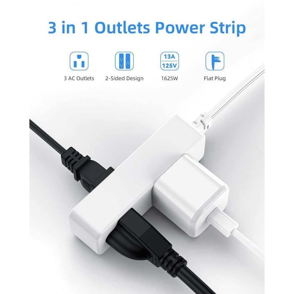 Unbranded 3 ft. 16/3 AWG Indoor Extension Cord Flat Plug White 3-Prong Tri-Tap Power Strip with Lighted End Foot Switch (3)