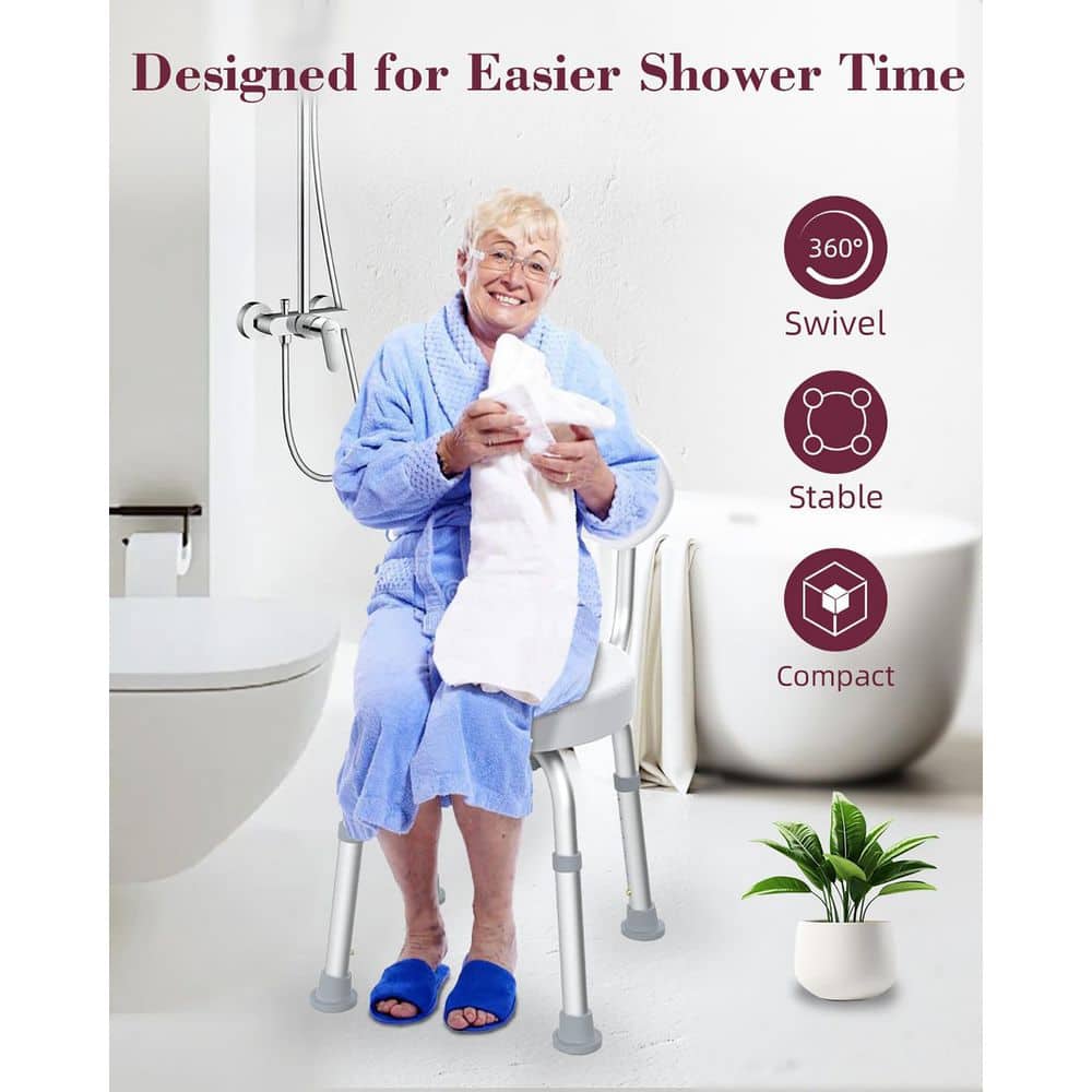 Anqtovp 36in W Freestanding Swivel Shower Chair with Backrest, Height Adjustable Rotating Tub Transfer Bench for Seniors, White (2)