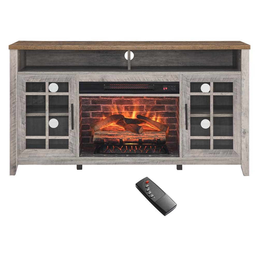 Unbranded 55 in. W 15.5 in. D 30.5 in. H Gray Linen Cabinet with TV Stand and Electric Fireplace KD Inserts Heater