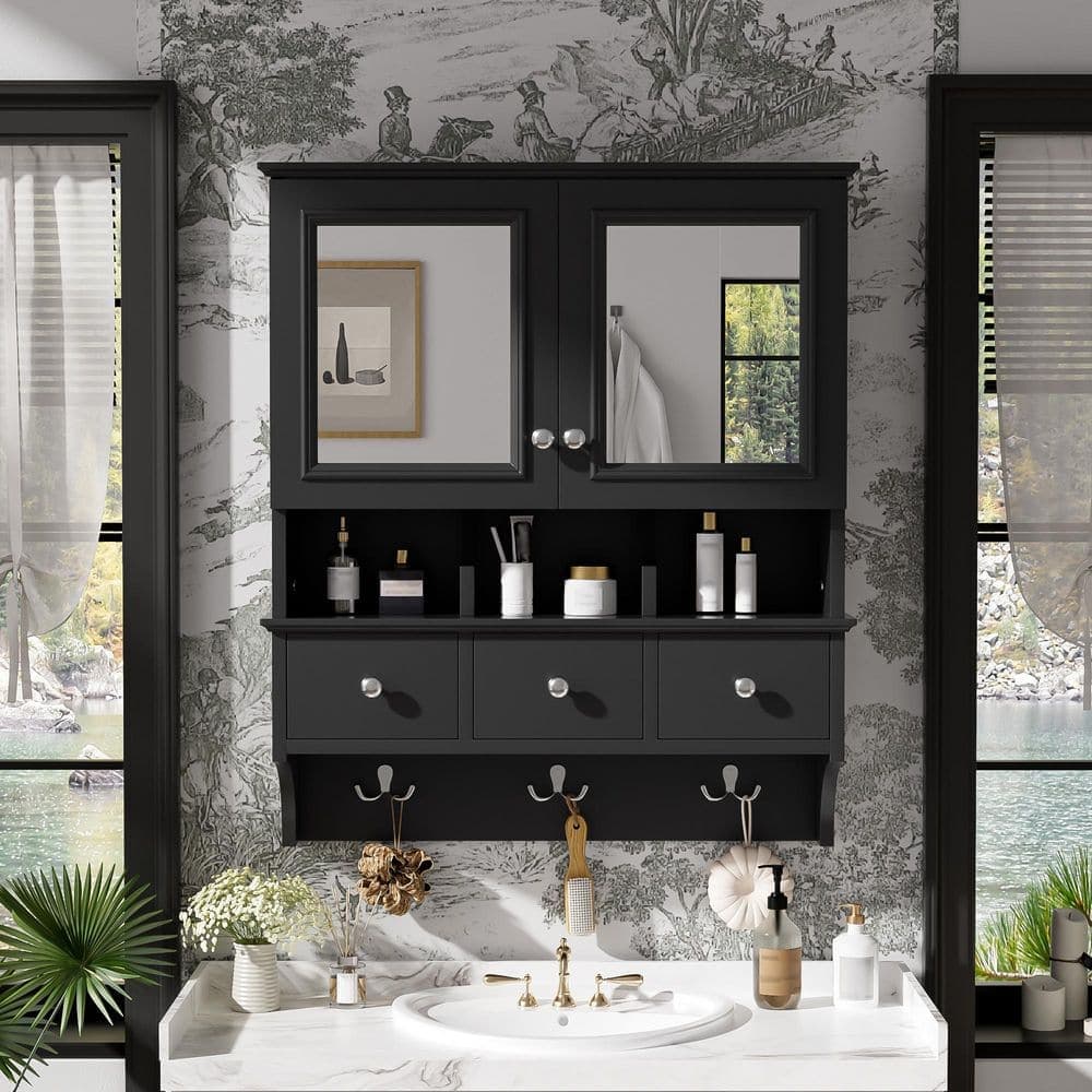 COWLOWN 24 in. W x 7.3 in. D x 28.75 in. H Mirrored Bathroom Storage Wall Cabinet in Black with Drawers and Organizer Hooks (1)