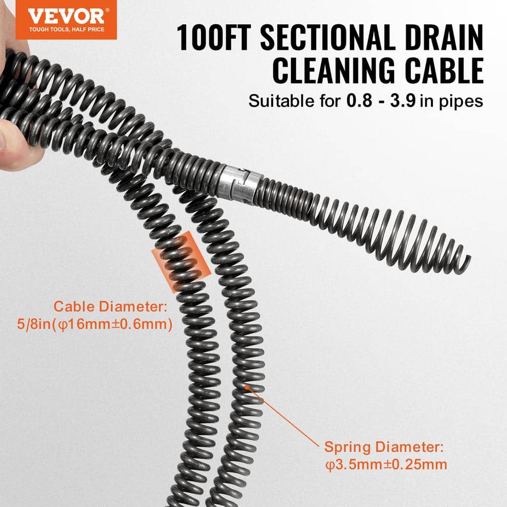 VEVOR Drain Cleaning Cable 100 ft. x 5/8 in. Sewer Drain Auger Cable Hollow Core with 7 Cutters for 0.8 in. to 3.9 in. Pipe (2)