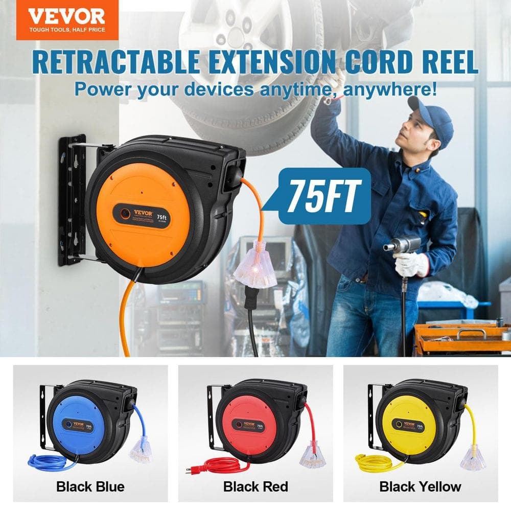 VEVOR 75 ft. 14 / 3 13 Amp Retractable Extension Cord Reel Heavy Duty SJTOW Power Cord with Lighted Triple Tap Outlet (2)