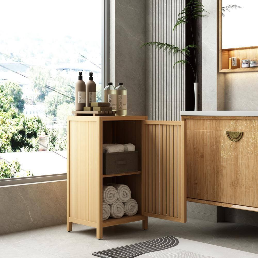 Tileon 16.5 in. W x 12.85 in. D x 29.5 in. H Freestanding Natural Brown Bamboo Linen Cabinet w/Door and Shelf for Bathroom (2)