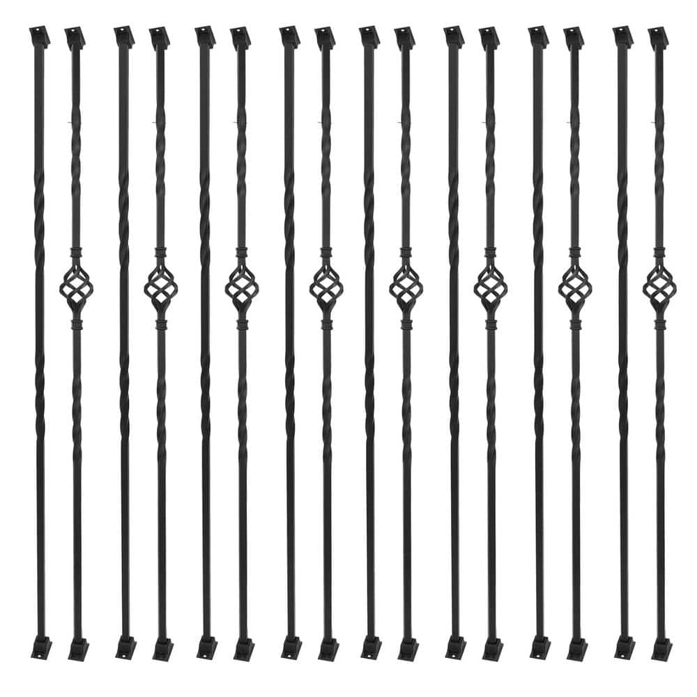 Afoxsos 44 in. x 2 in. Wrought Iron Balusters Hollow Single Basket with Knuckles Double Twist and 32-Swivel Shoes-(16-Pack) (1)
