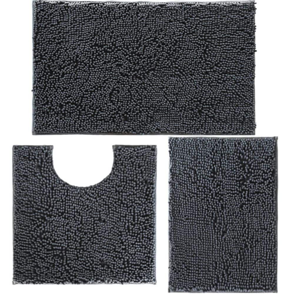 Wudkey 3 Piece Gray Bathroom Rugs Set, 32 in. x 20 in. Non Slip Chenille Bath Mat, Washable Absorbent Bathroom Mats (1)