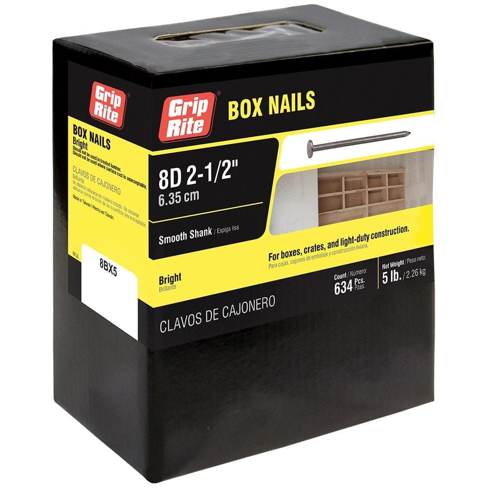 Grip-Rite 2-1/2 in. x 11-1/2-Gauge 8-penny Bright Steel Smooth Shank Box Nails 5 lb. Box