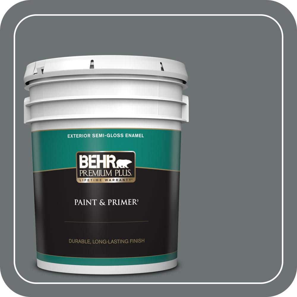 BEHR PREMIUM PLUS 5 gal. #MQ5-28 Dawn Gray Semi-Gloss Enamel Exterior Paint & Primer