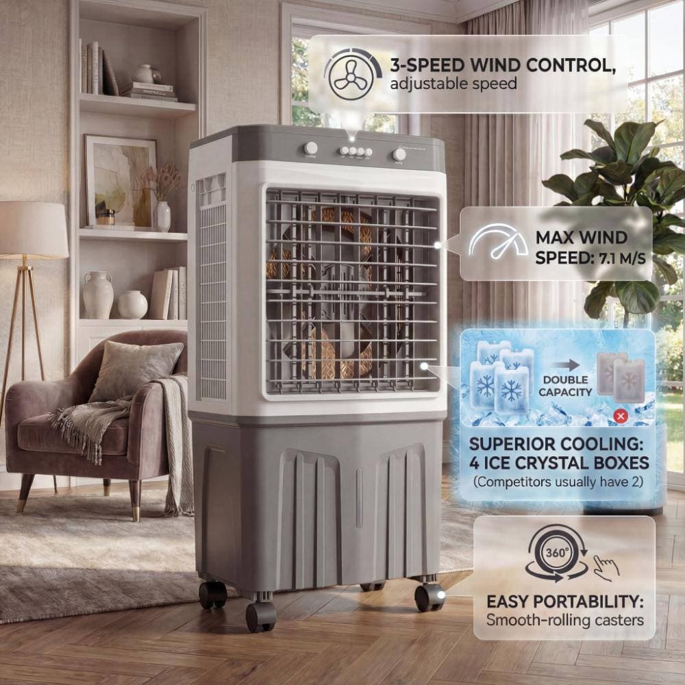 FUFU&GAGA Portable Swamp Cooler 700 CFM 3-Speed Portable Evaporative Cooler for 280 sq. ft. 7Gal Water Tank,4 Ice Packs Gray (2)