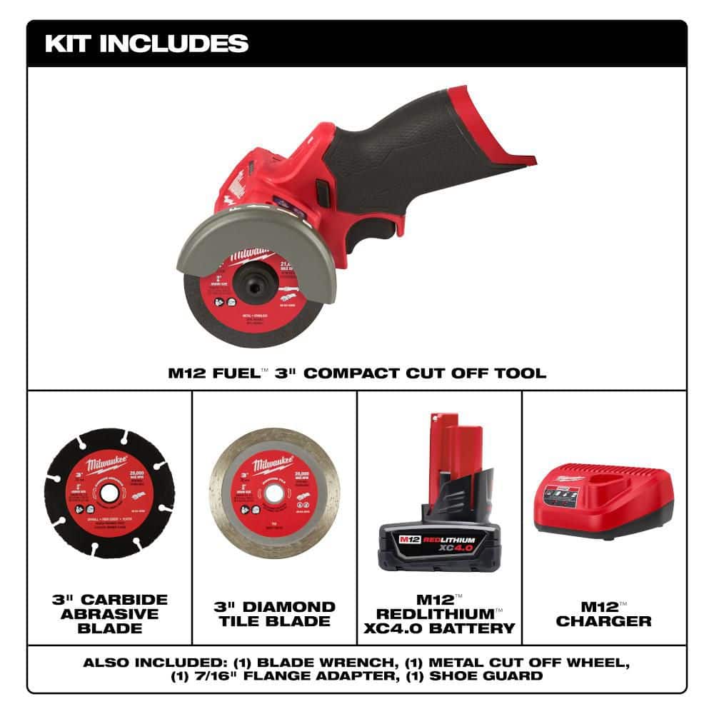 Milwaukee M12 FUEL 12V Lithium-Ion Brushless Cordless 3 in. Cut Off Saw, and 4. 0AH Starter Kit (2)