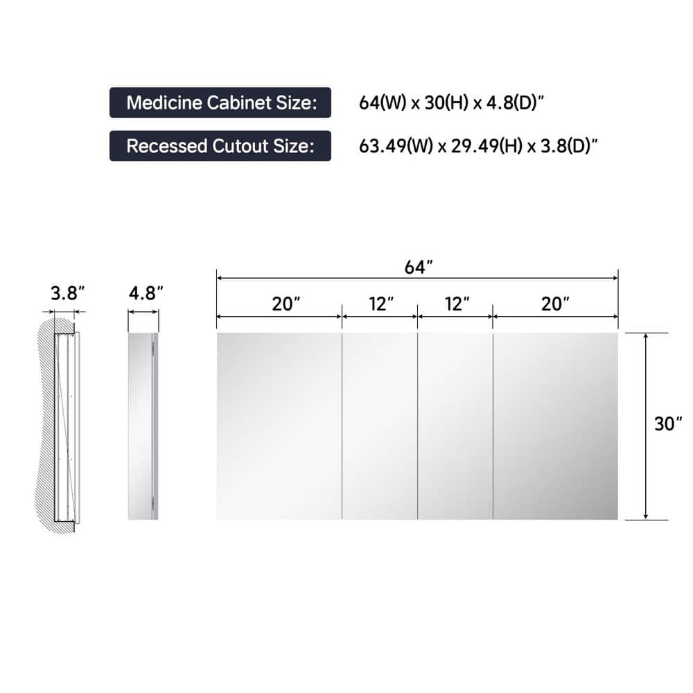 BWE 64 in. W x 30 in. H Rectangular Frameless Aluminum Medicine Cabinet with Mirror and Soft-Close Hinges (2)