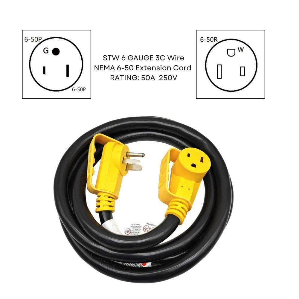 parkworld 10 ft. 6/3 Heavy Duty 50 Amp 250-Volt Outdoor NEMA 6-50 Welder/EV Extension Cord Handle, Lighted End, Black, UL Listed (3)