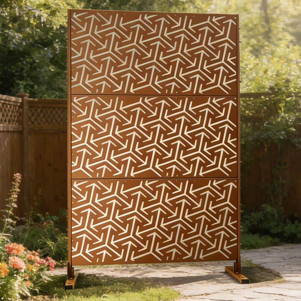 Coporesell 76 in. x 48 in. Freestanding Decorative Privacy Screen Brown Metal for Outside Lawn Garden (1)