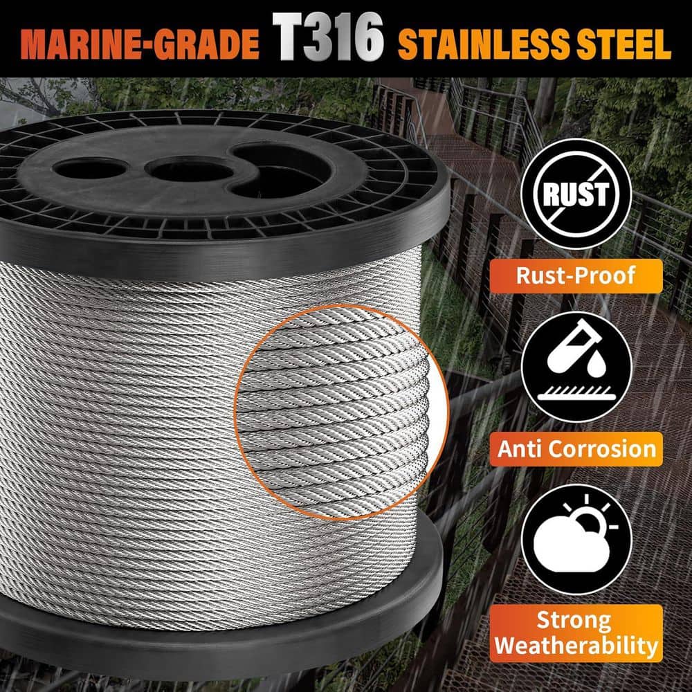 Afoxsos 6000 in H x .125 in. W 500 ft. 1/8 in.  Stainless Steel Wire Rope for Deck Railings and DIY Projects (2)