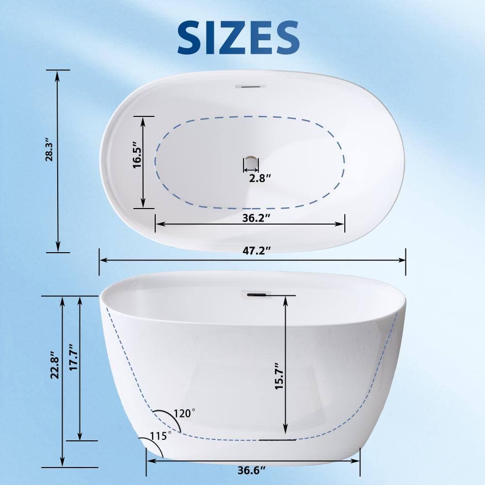 Cuschoice 47 Inch Acrylic Freestanding Bathtub, White Oval, Chrome Overflow,Pop-Up Drain, Double Wall Acrylic, High Gloss (3)