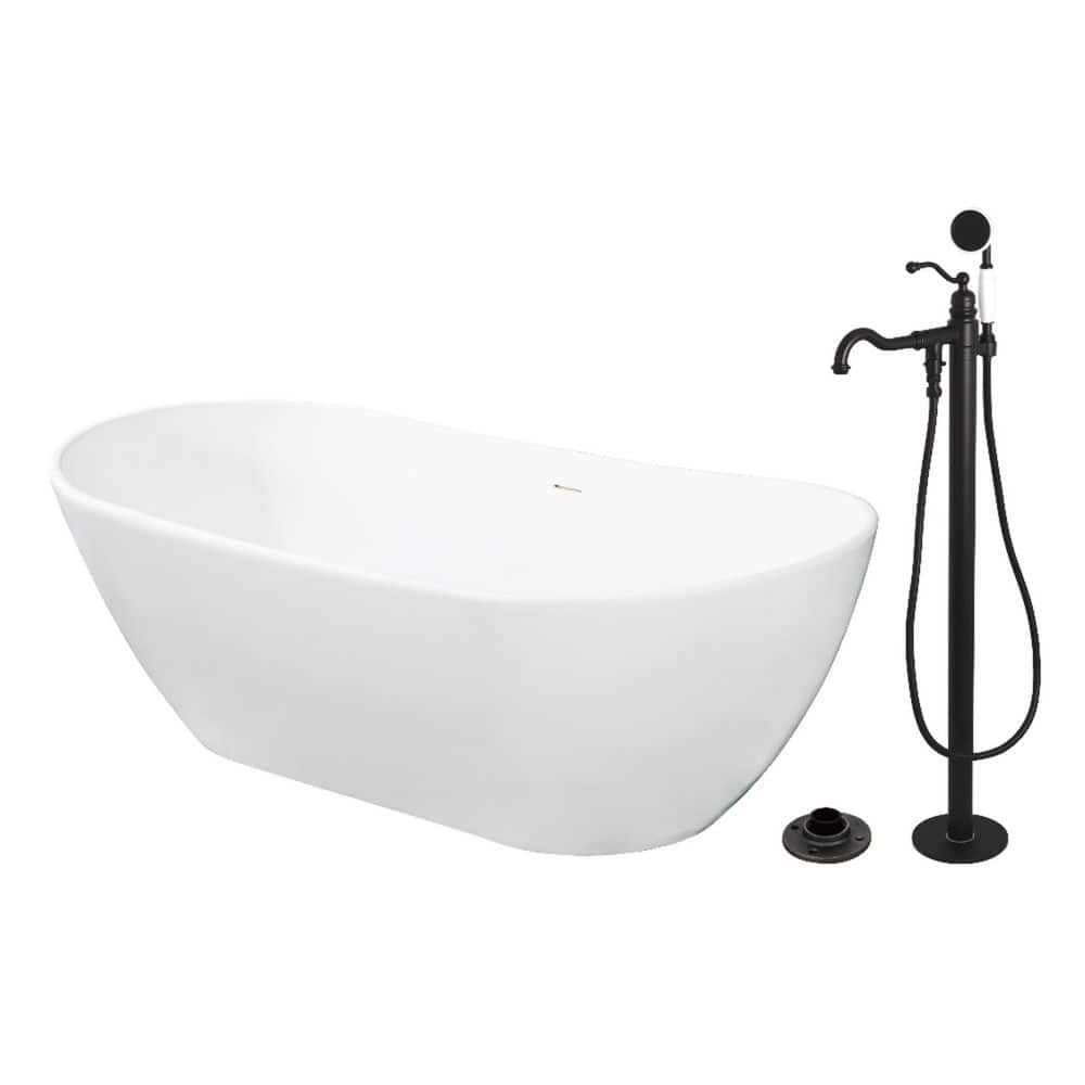 Kingston Brass Arcticstone 71.4 in. x 32.3 in. Surface White Stone Flatbottom Soaking Freestanding Bathtub in White/Matte Black (1)