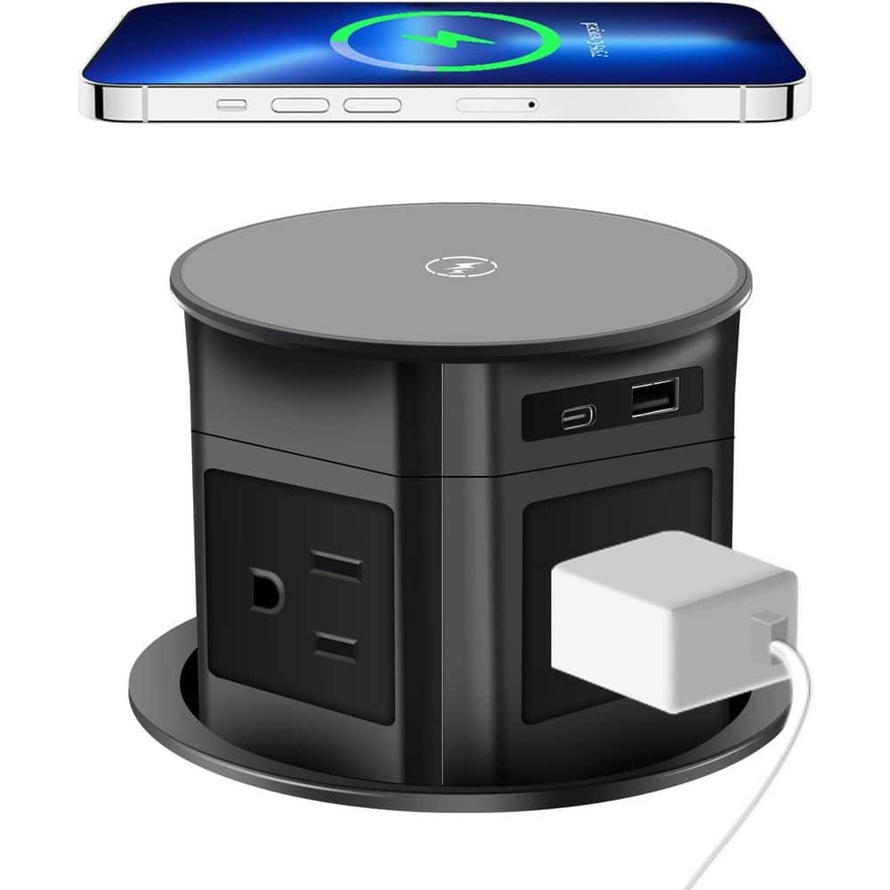 OBJLGEV 6.5 ft. Cord 4-Outlet 1 USB-A Port 1 USB-C Port Surge Protector with 15-Watt Wireless Charging Pop Up Table Power Outlet (3)