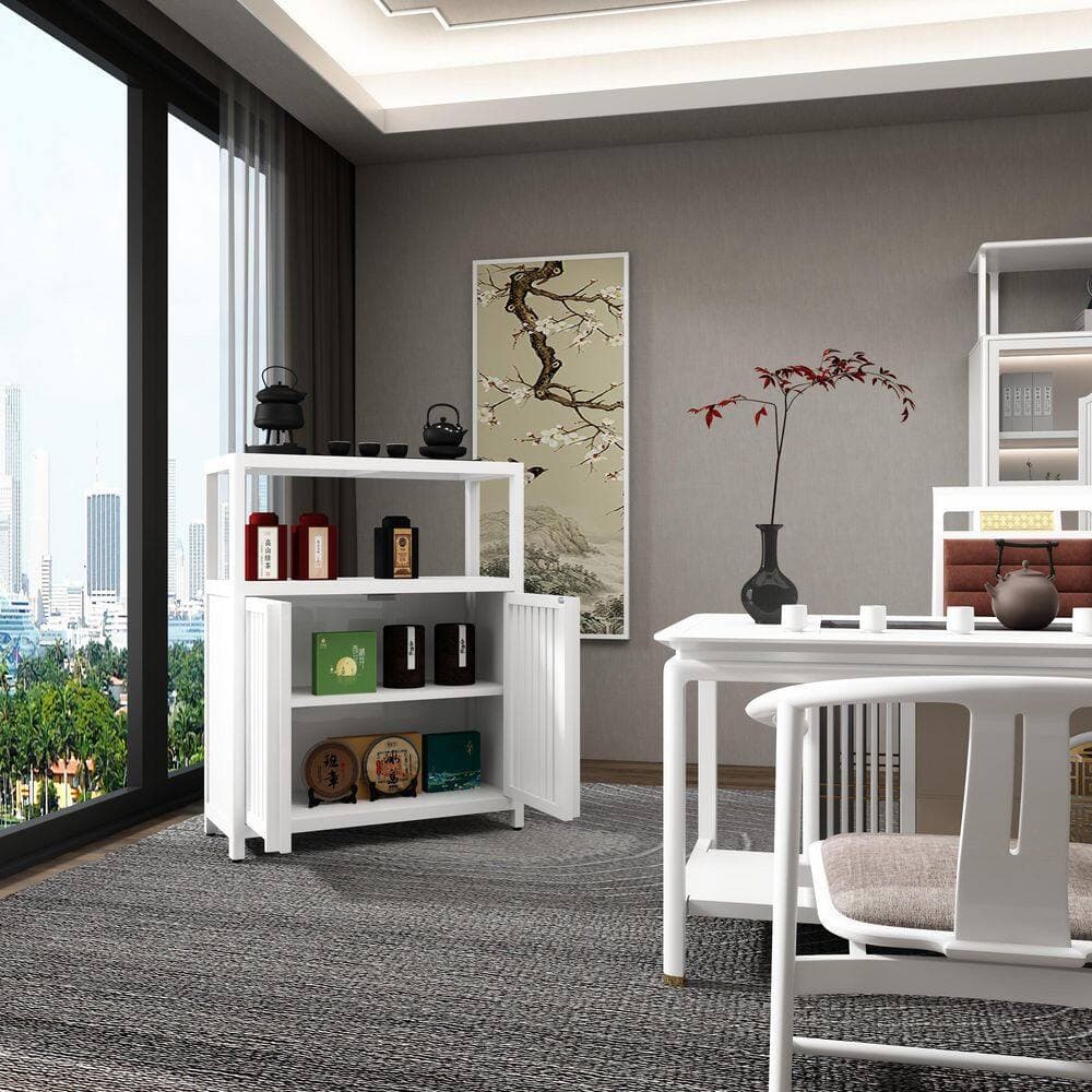 Tileon 24.56 W x 10.74 D x 32.08 in. H White Bamboo Linen Cabinet Bath Storage Cabinet w/2-Doors & Open Shelf (2)