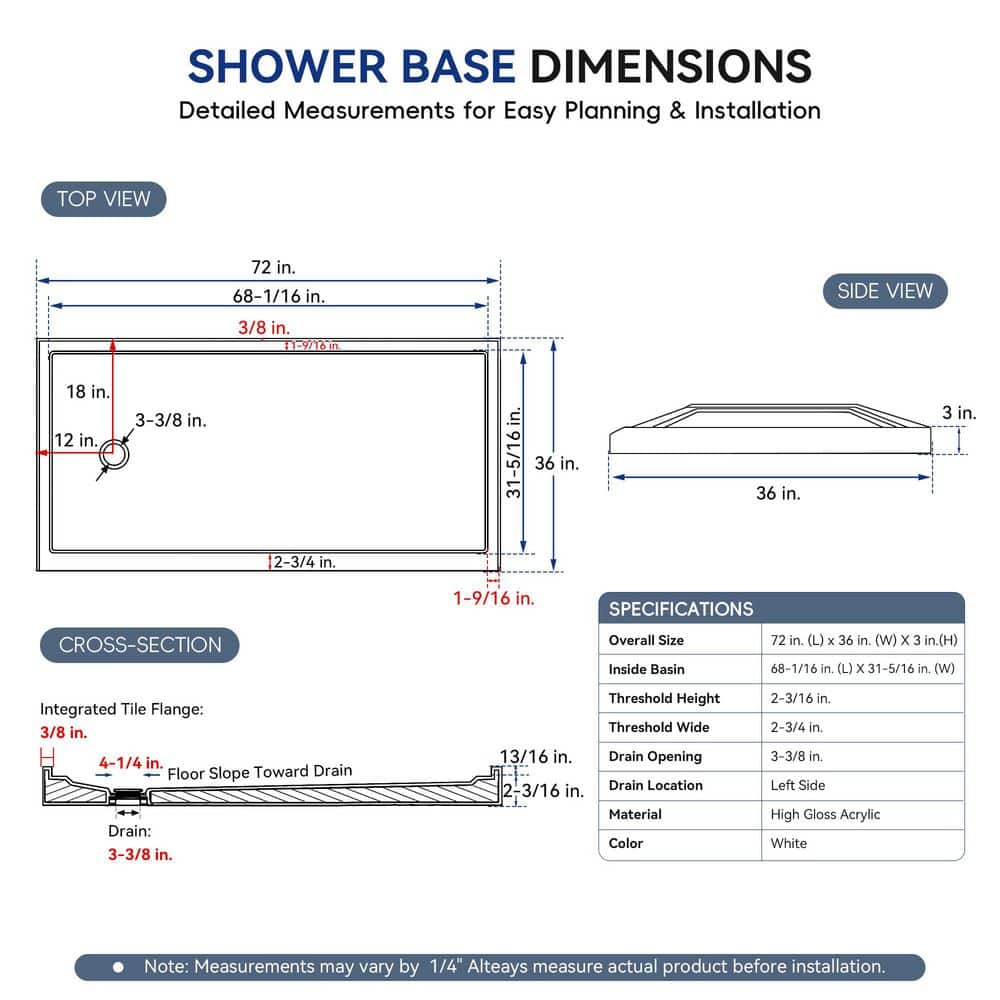 Zeafive 72 in. L 36 in. W Acrylic Alcove Shower Pan Base with Drain, 360° Finished Exterior, Slip-Resistant (2)