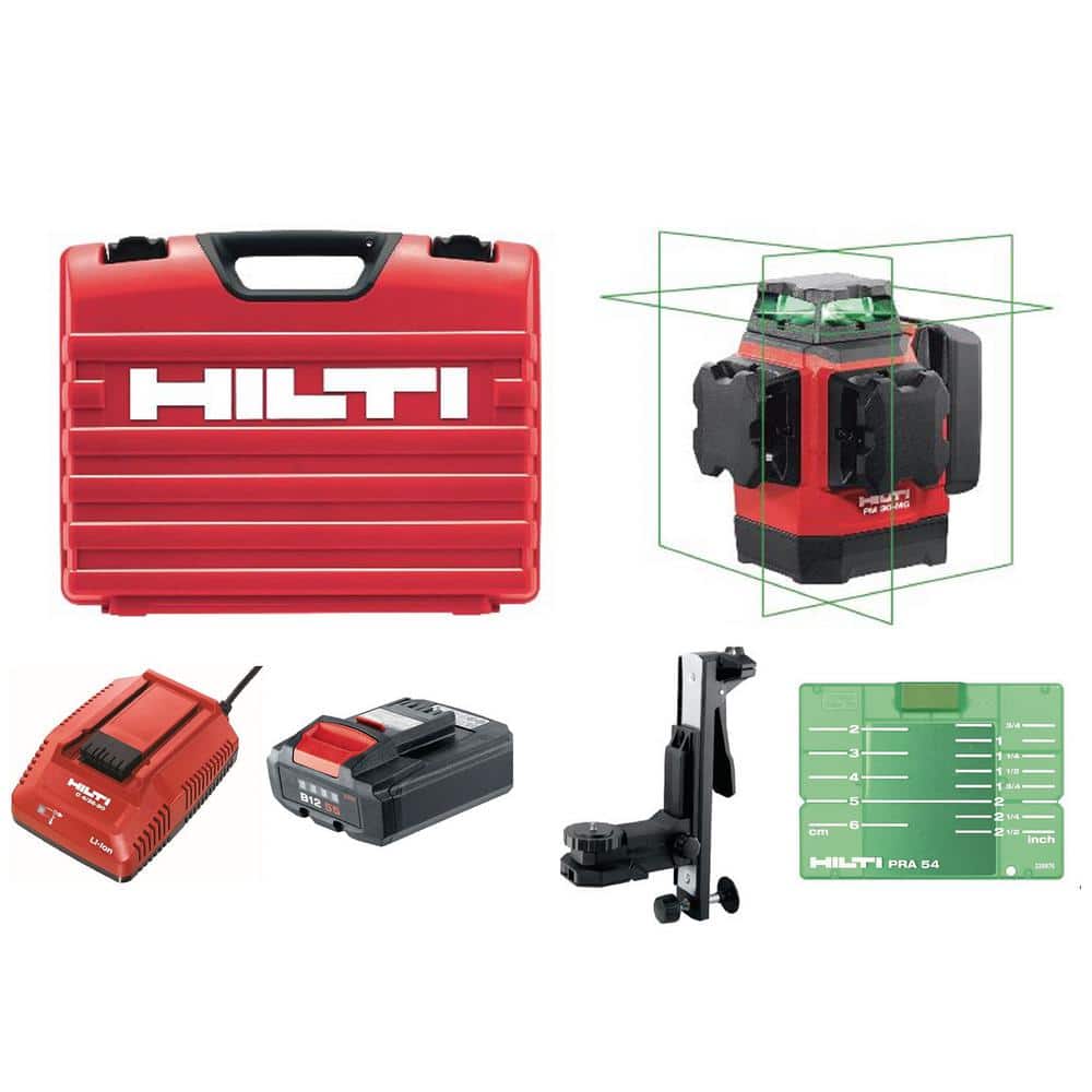 Hilti PM 30-MG 12-Volt Multi-Green Line Laser 131 ft. with Bracket, Target Plate, Battery, Charger and Case